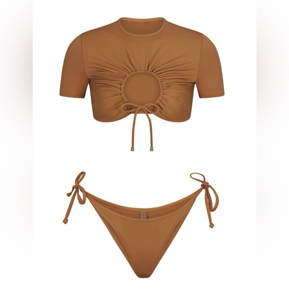 NWT 2pc Skim Swimsuit Rushed T-Shirt & Bikini String Tie Bottoms Almond Size 2X
